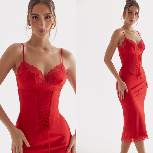 HOUSE OF CB 'Salma' Red Rose Satin Slip Dress NWOT - Picture 4 of 11